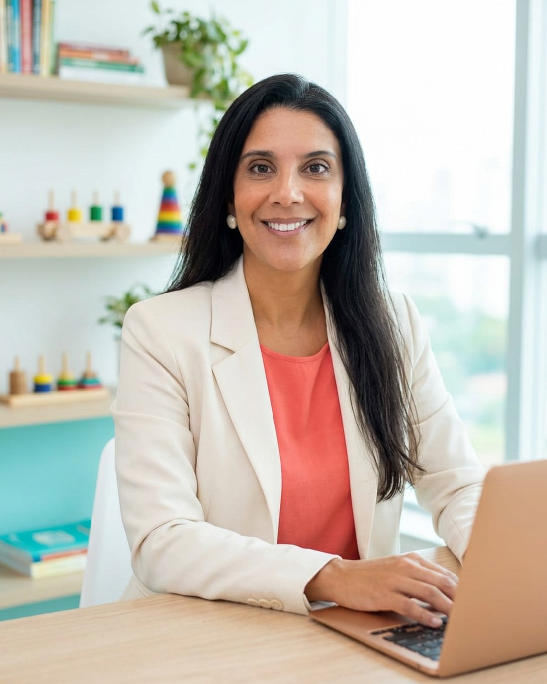 Maria Gabriela Brügger, psicopedagoga clínica, sentada à mesa de trabalho do consultório